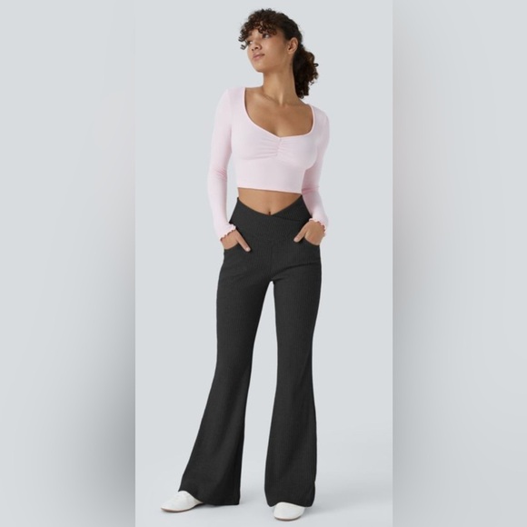 Halara Ribbed Knit Crossover High Waisted Pocket Casual Flare Pants NWT XS - Picture 3 of 11